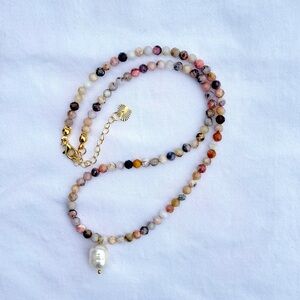 Pink Opal Beaded Necklace with Pearl Pendant